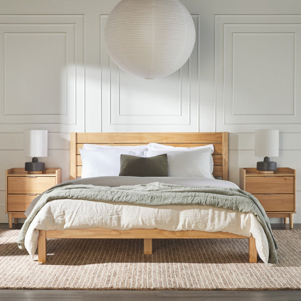 Isla Minimalist Queen Bed Frame - Sustainably Crafted Solid Pine Wood with Simple Boho Headboard