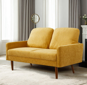 English Elm Velvet Upholstered Two Seat Loveseat with Tapered Wood Legs Mid Century European Style Mustard Yellow B2735P291962