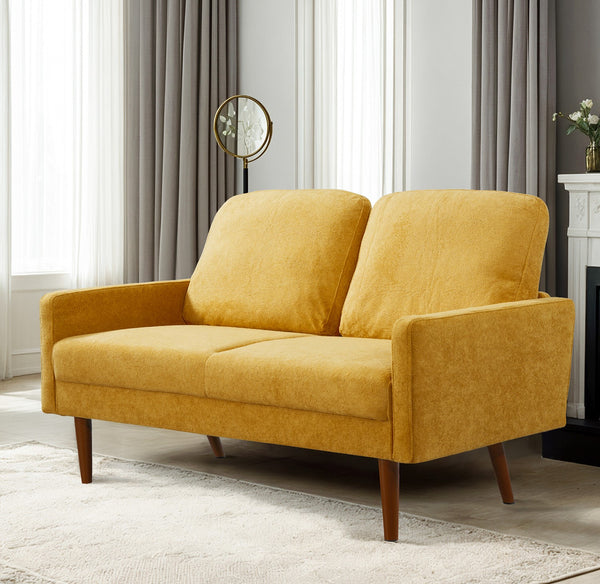 English Elm Velvet Upholstered Two Seat Loveseat with Tapered Wood Legs Mid Century European Style Mustard Yellow B2735P291962