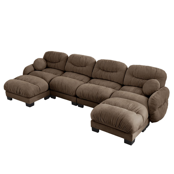 English Elm Pleated Chenille U-shape Modular Sectional Sofa with Ottomans and Ergonomic Foam Cushions Brown W5656S00063