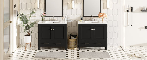 English Elm 72" Black Bathroom Vanity Set with Double Ceramic Sinks, Soft-Close Doors, Divided Drawer, Ample Storage and Solid Wood Frame for Durable Modern Style N729P000006B