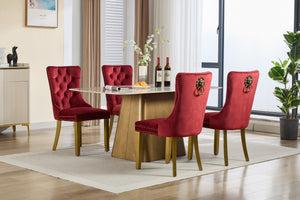 English Elm Mid-Century Lion Head Pull Ring Velvet Dining Chair with Tufted Cushion, Gold Wood Legs, Nailhead Trim WINE RED W1143P233645