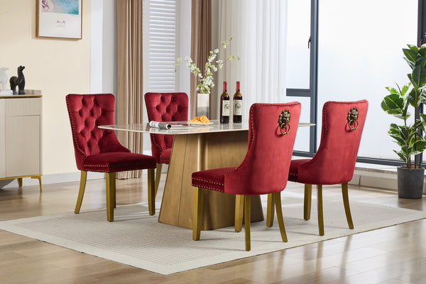 English Elm Mid-Century Lion Head Pull Ring Velvet Dining Chair with Tufted Cushion, Gold Wood Legs, Nailhead Trim WINE RED W1143P233645