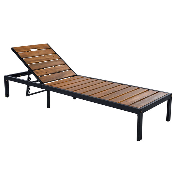 English Elm Outdoor Acacia Wood Slat Chaise Lounge with Powder Coated Frame for Patio Resort Black+Natural N719P383161B
