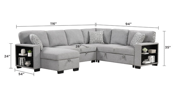 English Elm Cairo Modern Gray Sectional With Pullout Sleeper, Storage Chaise, Usb Ports & Bookcase Armrests B009S01660