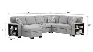 English Elm Cairo Modern Sectional Sofa With Pullout Sleeper, Storage, Usb Ports & Bookcase Armrests In Gray B009S01663