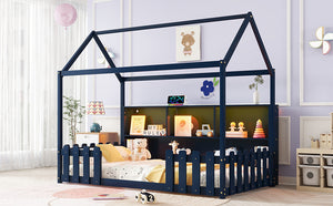 English Elm Twin House Bed with LED Light and Built-In Bookshelf, Solid Wood Playhouse Design for Kids Safety Navy Blue 78.15 L x 15.75 W x 6.1 H W2593P269090