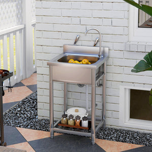 English Elm HOMCOM Stainless Steel Outdoor Utility Sink with Deep Basin, Hot/Cold Faucet & Lower Shelf, 22" W2225P217249