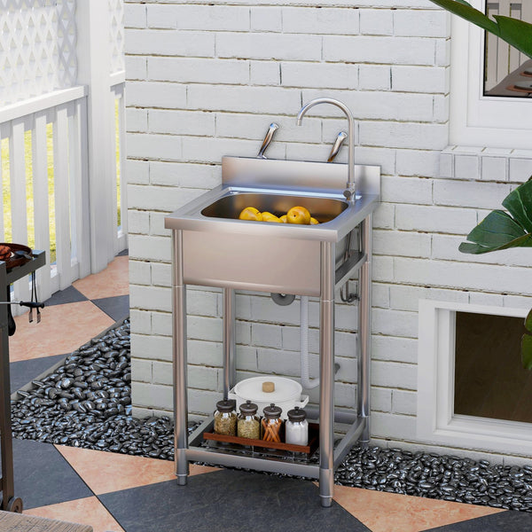 English Elm HOMCOM Stainless Steel Outdoor Utility Sink with Deep Basin, Hot/Cold Faucet & Lower Shelf, 22" W2225P217249