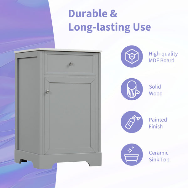 English Elm 20" Modern Bathroom Vanity With Ceramic Sink, Soft-Close Door, Adjustable Shelf, Grey Finish N725P351848E