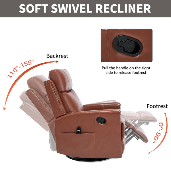 English Elm Red Genuine Leather Swivel Rocker Recliner with Massage Heat for Living Room W1803P323709