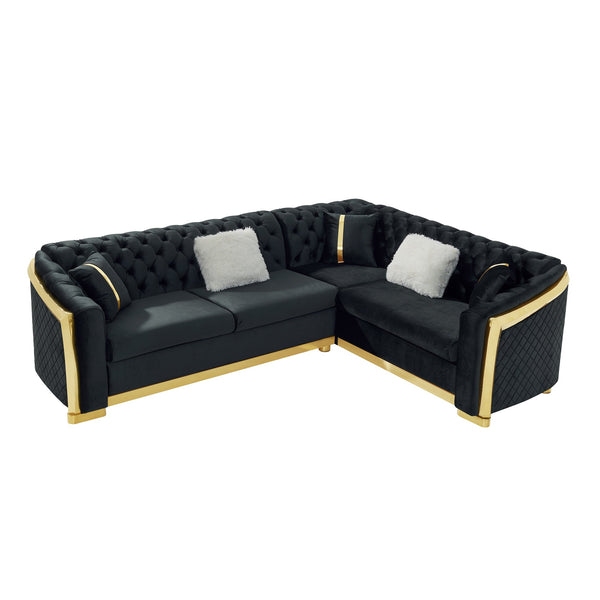 English Elm 106 Inch Velvet Tufted Chesterfield Sectional with Gold Steel Legs for Large Living Rooms Black W1191S00046