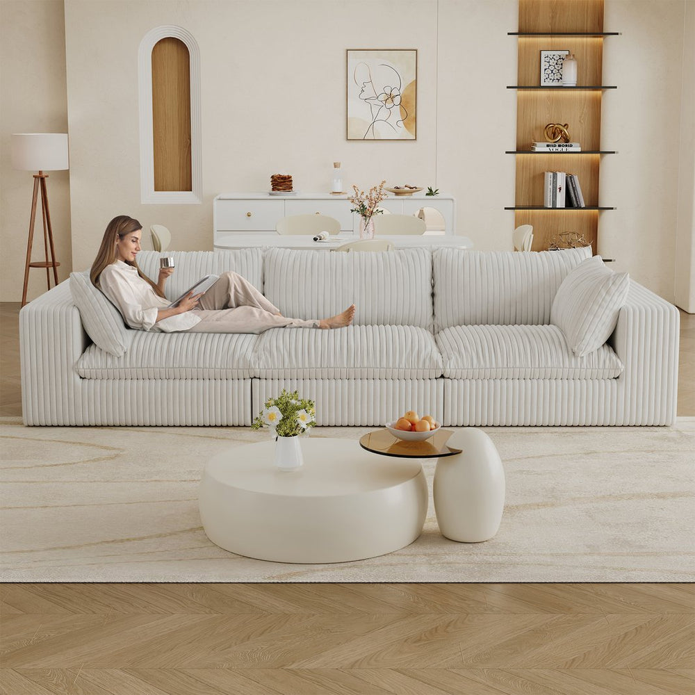 English Elm 118.2" Modular Cloud Sofa Corduroy Upholstered Deep Seat Lounge for Living Room White W2824S00196