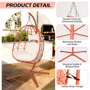 English Elm Hanging Egg Chair Pe Wicker Swing with Stand Washable Cushion Patio Bedroom T5880P497581