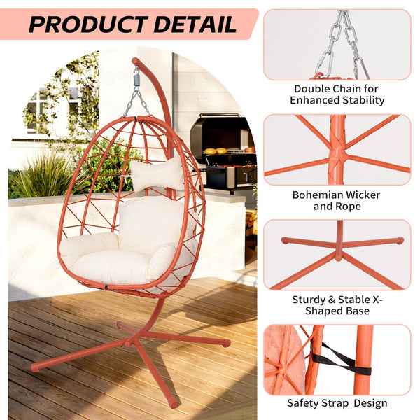 English Elm Hanging Egg Chair Pe Wicker Swing with Stand Washable Cushion Patio Bedroom T5880P497581
