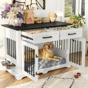 English Elm 44.48" Wooden Dog Crate End Table with Drawers Rotating Bowls Farmhouse Pet Kennel Black,White N704P379112K