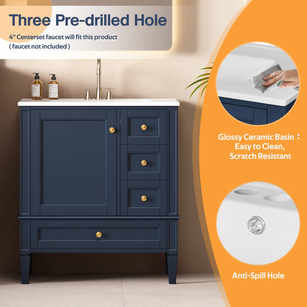 English Elm 30 30 Inch Bathroom Vanity with Ceramic Sink, Modern Compact 3-Drawer Storage Cabinet for Small Baths Blue N710P247499C