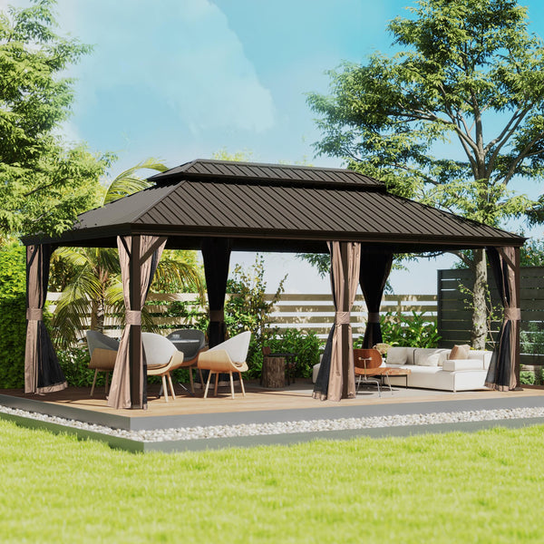 English Elm 12' X 18' Hardtop Gazebo with Drainage, Dual-Layer Galvanized Roof, Curtains, Netting, Durable Shelter W1859S00144