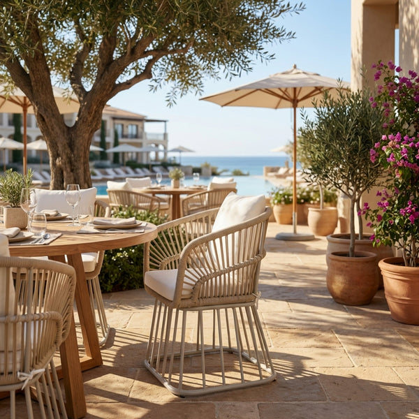English Elm Outdoor Wicker Dining Chair with Fan Back Teak Finish Steel Frame and Cushion Included N770P385227B