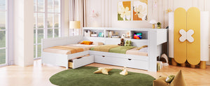 English Elm Wood Twin L-shaped Platform Bed Trundle Shelves Charging Station Kids Room White N7090001045K-1