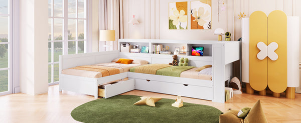 English Elm Wood Twin L-shaped Platform Bed Trundle Shelves Charging Station Kids Room White N7090001045K-1