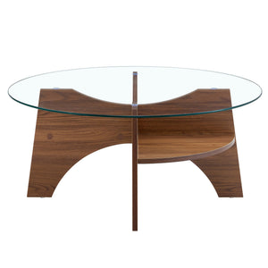 English Elm Round Tempered Glass Coffee Table with Fan Pedestal Base for Modern Living Rooms Transparent,Walnut W1151P256004