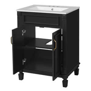 English Elm 24'' Bathroom Vanity with Sink - Solid Wood Frame, Glossy Ceramic Basin, Soft-Close Doors & Ample Storage Elegant Modern Design, Durable MDF Construction, Retro Metal Handles, Compact 24-inch Cabinet Black N710P317675B
