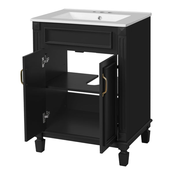 English Elm 24'' Bathroom Vanity with Sink - Solid Wood Frame, Glossy Ceramic Basin, Soft-Close Doors & Ample Storage Elegant Modern Design, Durable MDF Construction, Retro Metal Handles, Compact 24-inch Cabinet Black N710P317675B