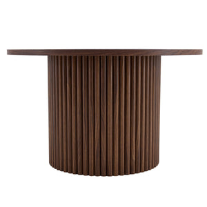 English Elm A modern circular coffee table Walnut 27.5" MDF top with cylindrical Roman legs, hidden storage, vintage flair W1151P270614