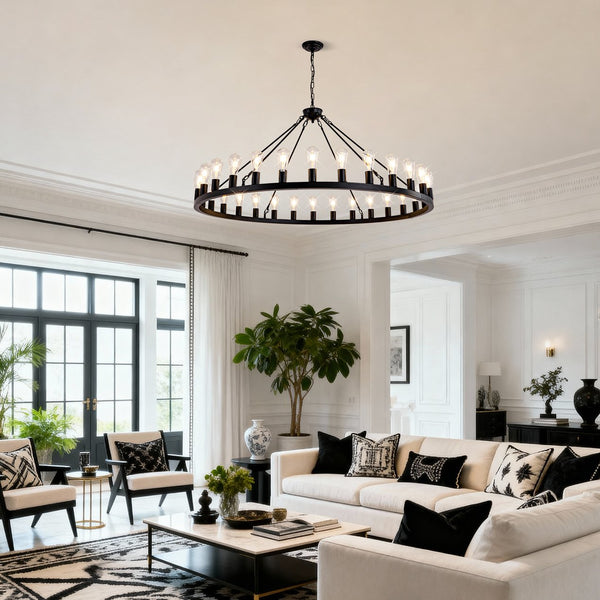 English Elm 64 Inch Wagon Wheel Chandelier Matte Black Farmhouse 30 Light Powder Coated Ring W5008P392688