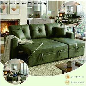 English Elm Sleeper Sectional Sofa with Pull Out Bed Storage Chaise Tufted Olive Fabric W5568S00036