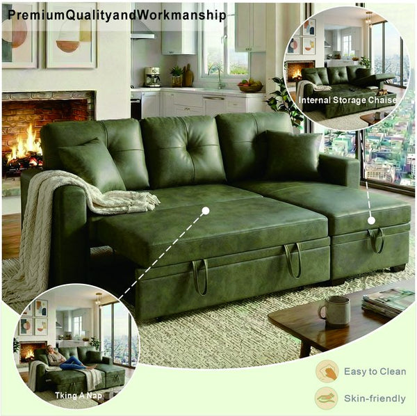English Elm Sleeper Sectional Sofa with Pull Out Bed Storage Chaise Tufted Olive Fabric W5568S00036