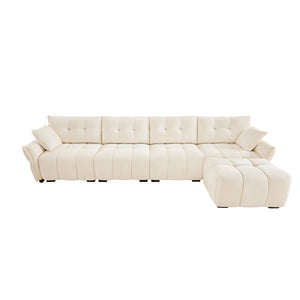English Elm Modular Chenille Sectional Sofa with Ottoman Solid Wood Frame Living Room Seating White W714S01657