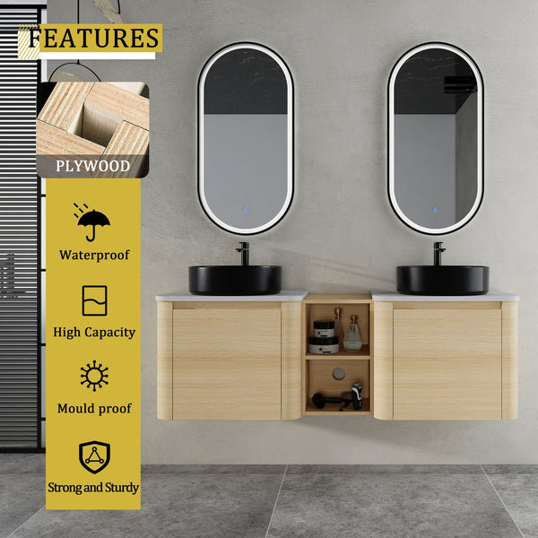 English Elm 60'' Wall-Mounted Bathroom Vanity With Ceramic Art Sink & Soft-Close Door For Modern Elegance W999S00472