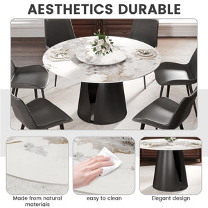 English Elm 53"Modern Round Dining Table With Turntable – Durable Sintered Stone Top & Black Steel Base For 6 Guests W1535S00444