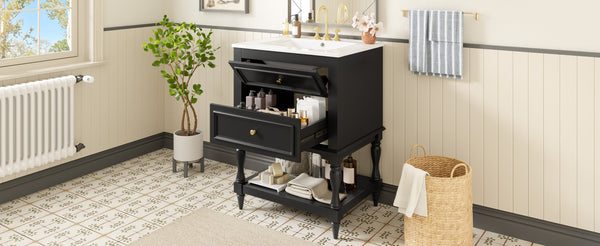 English Elm 24'' Retro Bathroom Vanity Mdf Cabinet with Ceramic Sink Open Shelf and 2 Drawers Black N710P405414B