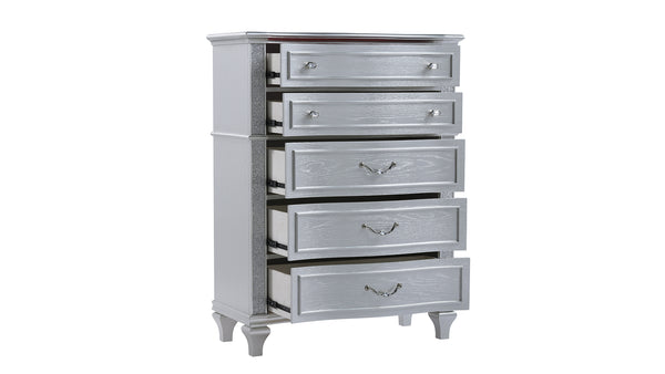 English Elm Mystic 5-Drawer Chest with Crystal Handles, Light Gray Wood Finish, Velvet-Lined Top Drawers, Stylish Storage B009P309548