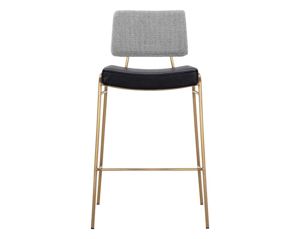 Sunpan Brinley Modern Barstool with Gold Stainless Steel Legs and Chic Black Faux Leather & Grey Fabric Seat Bar Height