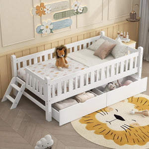 English Elm Wood Twin Platform Bed with Guardrail, Solid Pine Construction, 2 Underbed Drawers for Storage and Playroom Space White N709P242145K