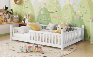 English Elm Twin Montessori Floor Bed House Frame with Led Lighting and Safety Rails for Kids White W2593P440589