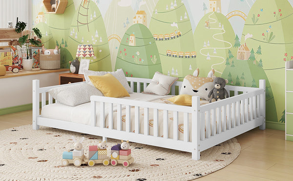 English Elm Twin Montessori Floor Bed House Frame with Led Lighting and Safety Rails for Kids White W2593P440589