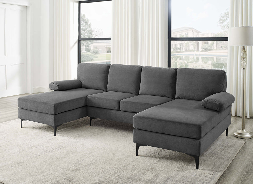 English Elm Polyester Blend U-shape Sectional with Double Chaise and Black Metal Legs B2748S00038