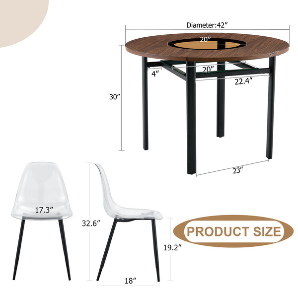 English Elm Table and Chair Set 42 Inch Round Wood Grain Dining with Six Transparent Plastic Seats W1151S04490