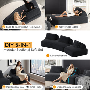 English Elm 139" Modern Oversized Modular Sectional Sofa Set - Fluffy Chenille Upholstery, Deep Seats, Removable Backrests, Plush Pillows, No Assembly Required DARK GREY W3219S00002