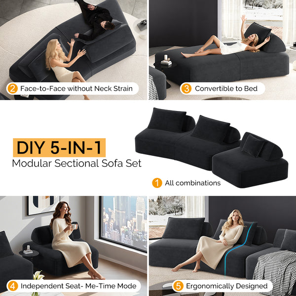 English Elm 139" Modern Oversized Modular Sectional Sofa Set - Fluffy Chenille Upholstery, Deep Seats, Removable Backrests, Plush Pillows, No Assembly Required DARK GREY W3219S00002