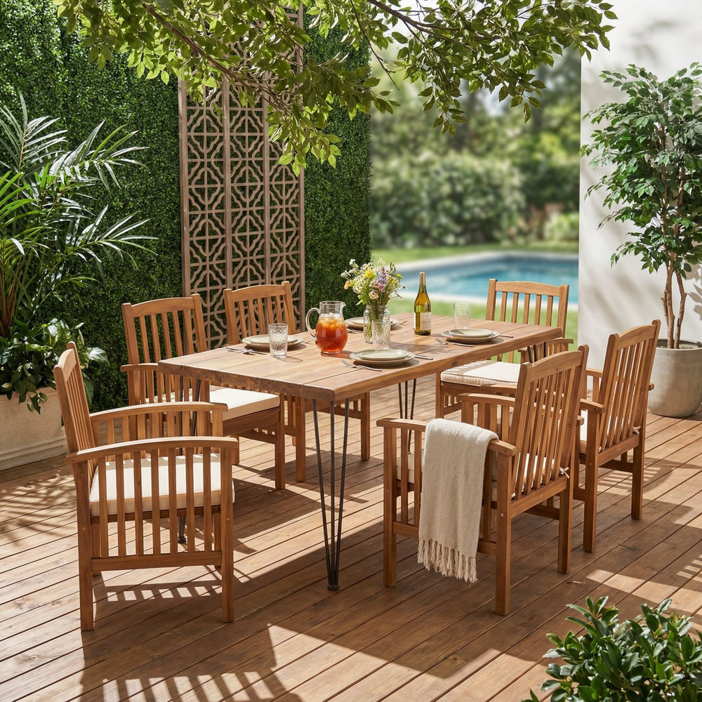 English Elm 7 Piece Solid Acacia Outdoor Dining Set with Teak Finish and Grey Cushioned Chairs N762S000038AAA