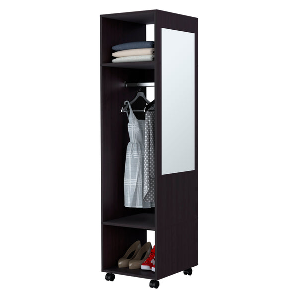 English Elm Benson Melamine Wardrobe with Mirror & Wheels, Slim Black Closet Organizer for Small Bedrooms, Mobile Storage B128P225198