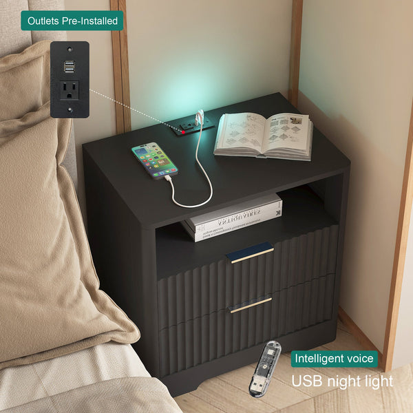 English Elm Nightstand Smart Bedside Table with Usb Charging Voice Light and Cabinet Storage W1321P399420
