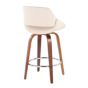 English Elm Fabrico Mid-Century Modern Counter Stool Set Of 2 - Walnut Wood, Cream Faux Leather, Chrome Footrest B202S00254