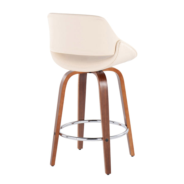 English Elm Fabrico Mid-Century Modern Counter Stool Set Of 2 - Walnut Wood, Cream Faux Leather, Chrome Footrest B202S00254